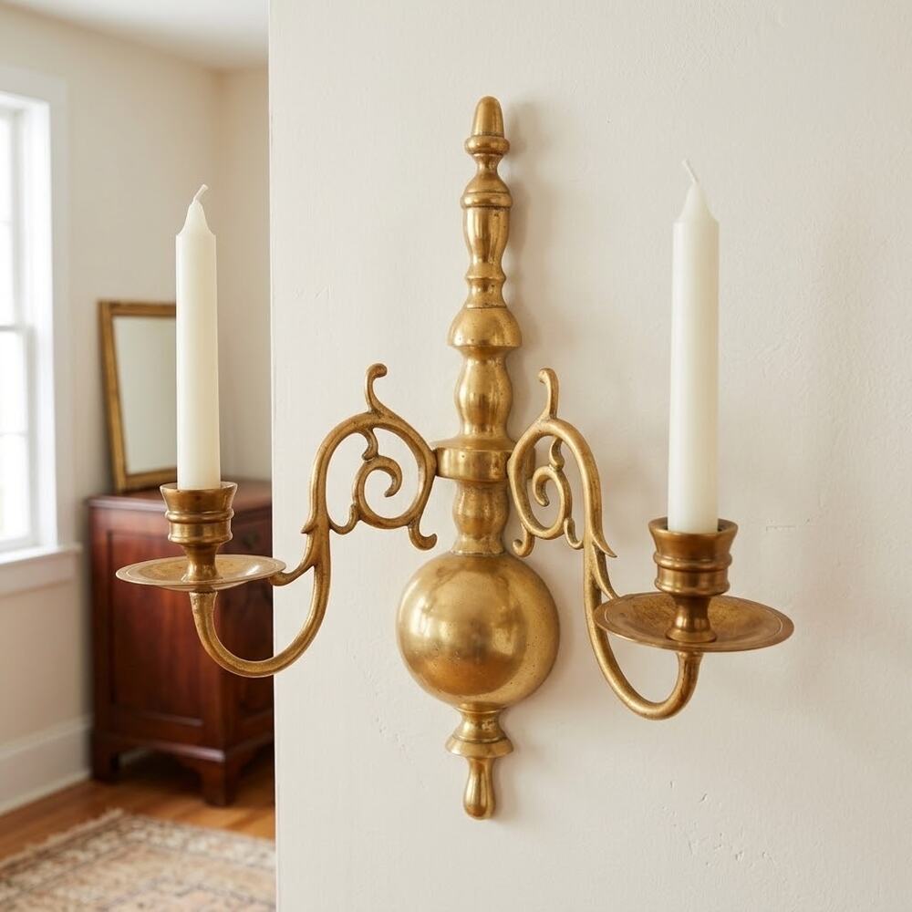 Vintage Solid Brass 2-Arm Wall Sconce Virginia Metalcrafters 12 in